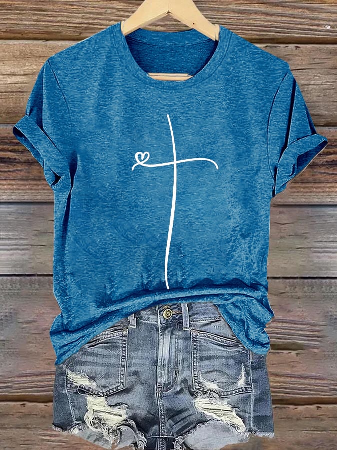Womens Retro Faith Cross Print T-Shirt