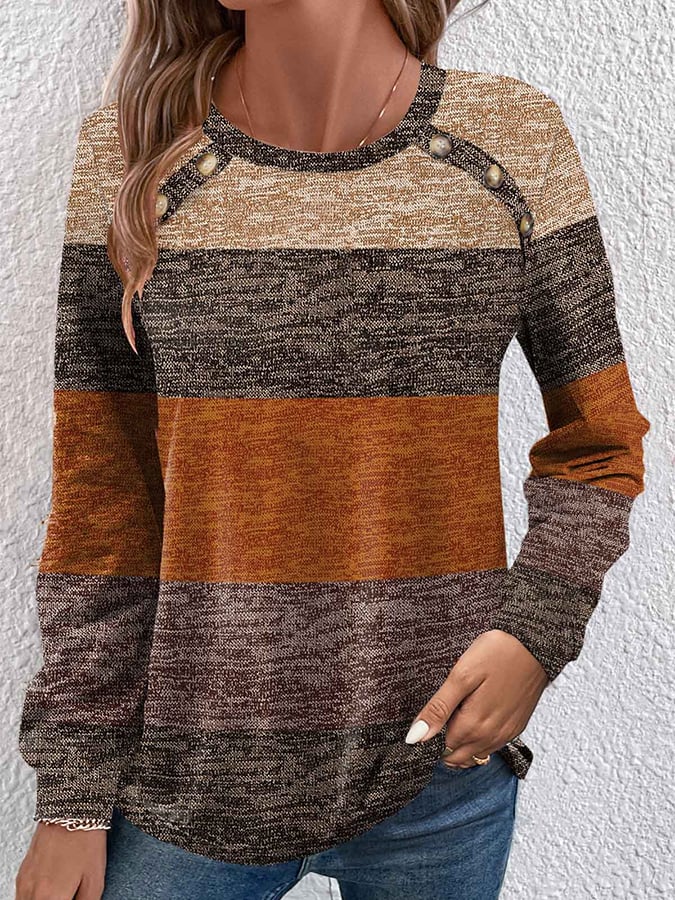 Halloween Round Neck Button Down Striped Printed T-Shirt