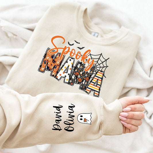 Spooky Mama-Halloween Mama Sweatshirt with Kids Name on Sleeve