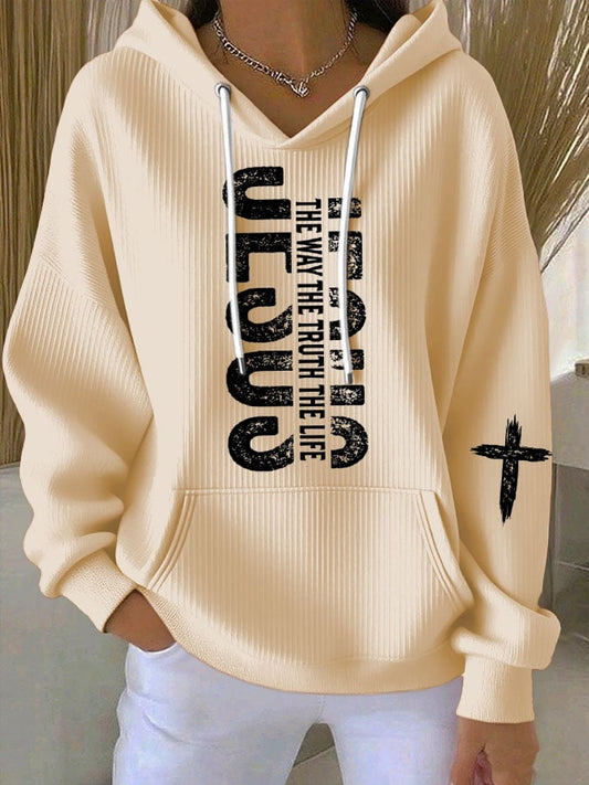 Women's Casual Retro Jesus The Way Truth Life Faith Ribbed Sweatshirt