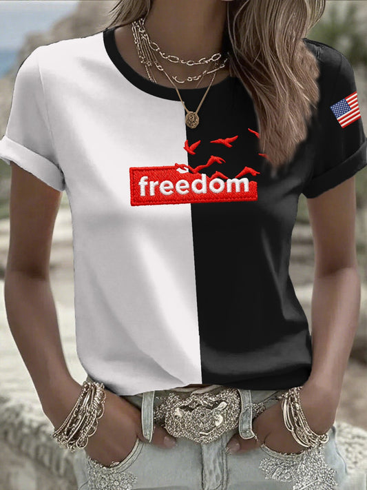 Women's Casual Freedom Flag Contrast Color T-Shirt