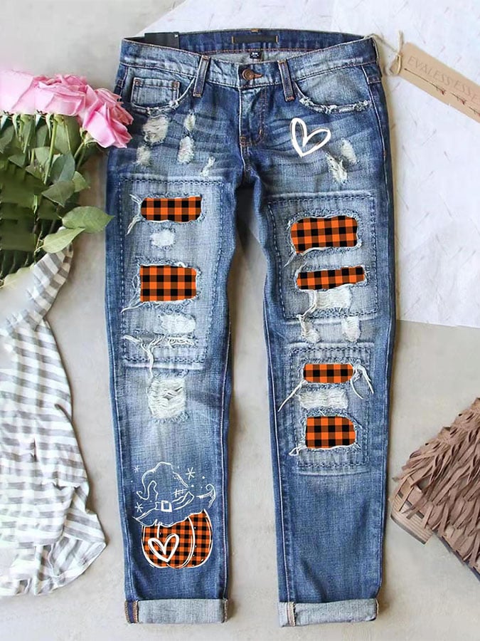 Casual Pumpkin Print Loose Straight Jeans