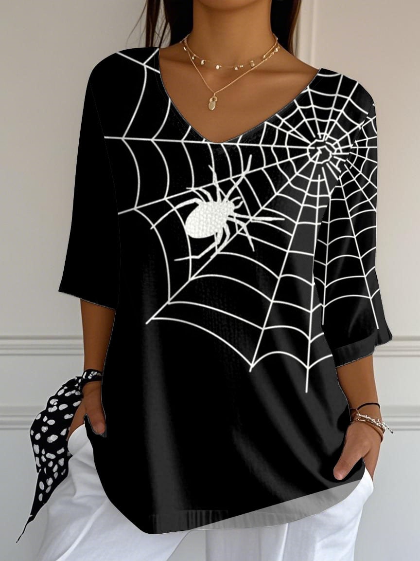 Women'S Retro Halloween Spider Print Mid Sleeve T-Shirt