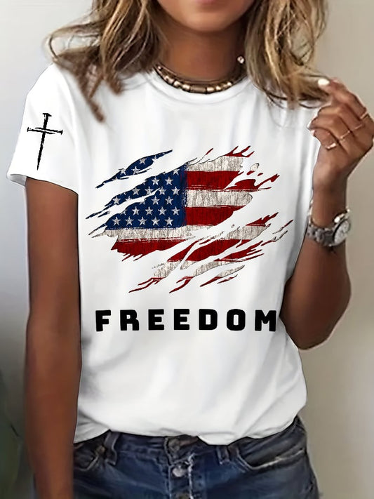 Women's Freedom American Flag Print Casual T-shirt