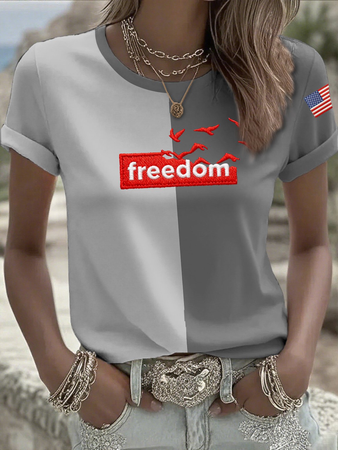 Women's Casual Freedom Flag Contrast Color T-Shirt