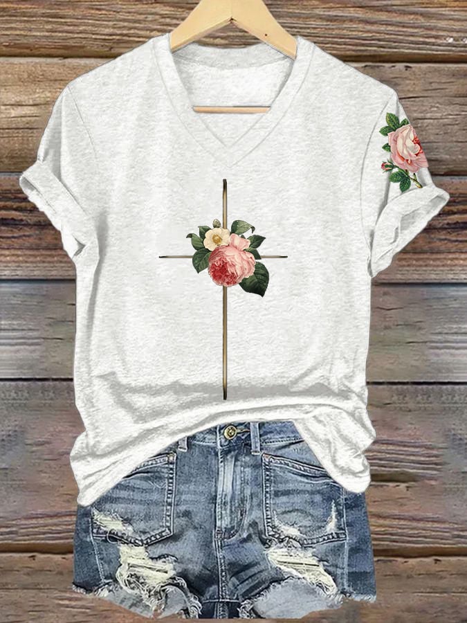 Women's Vintage Floral Metal Cross Print Short Sleeve T-Shirt