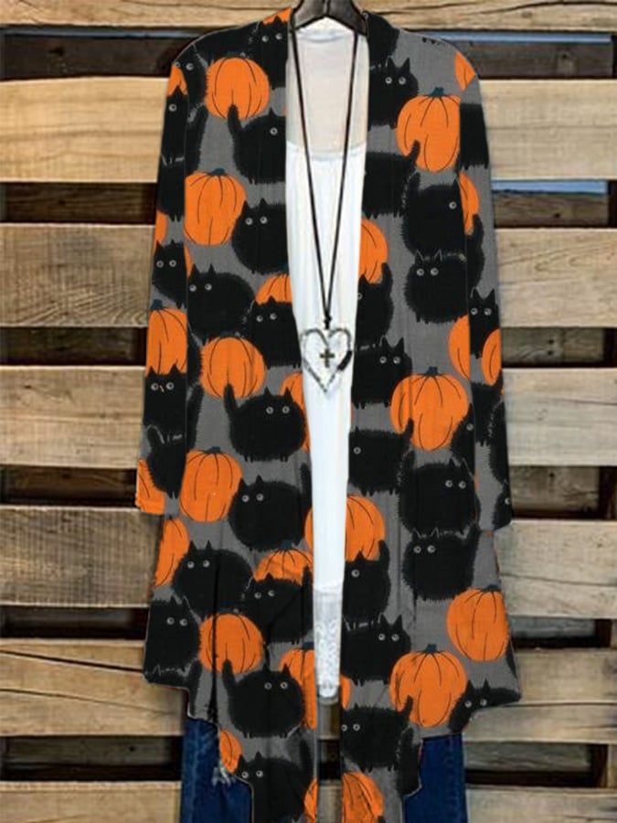 Women's Cute Black Cat And Pumpkin Print Casual Cardigan