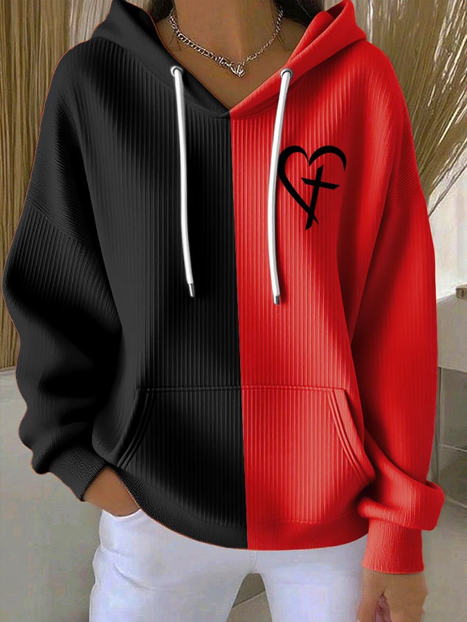 Women's Casual Retro Faith Contrast Color Textured Hoodie