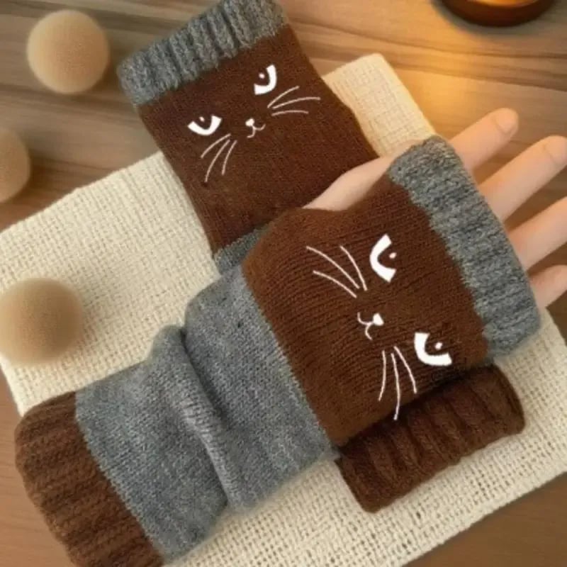 Women’s Knitted Fingerless Gloves with Cute Cat