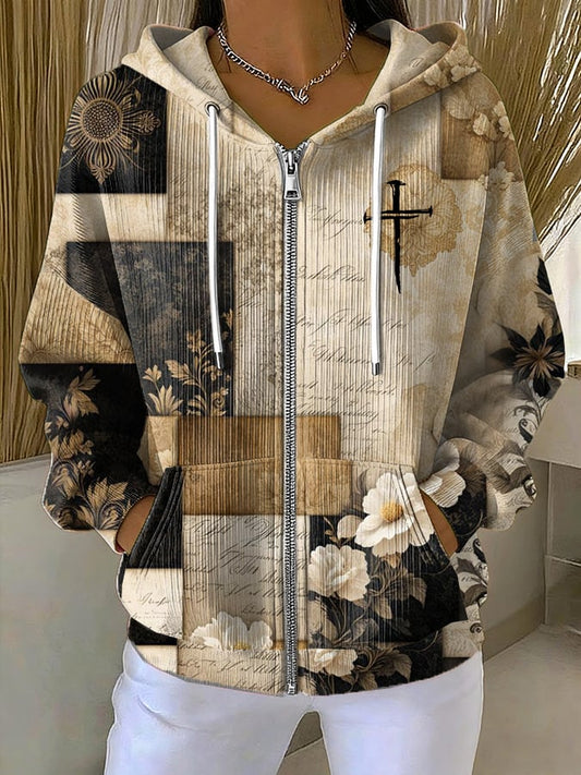Women's casual retro floral faith print hoodie jacket