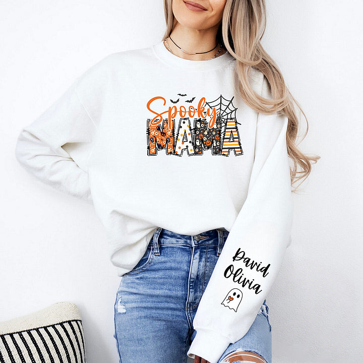 Spooky Mama-Halloween Mama Sweatshirt with Kids Name on Sleeve