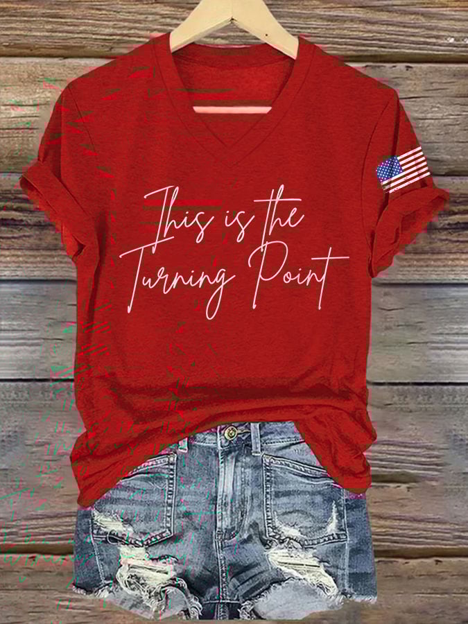 V-Neck Retro This Is The Turning Point Print T-Shirt