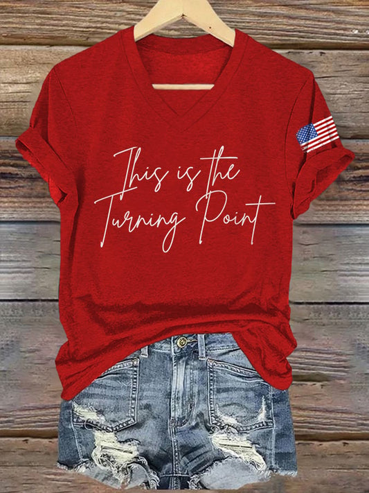 V-Neck Retro This Is The Turning Point Print T-Shirt