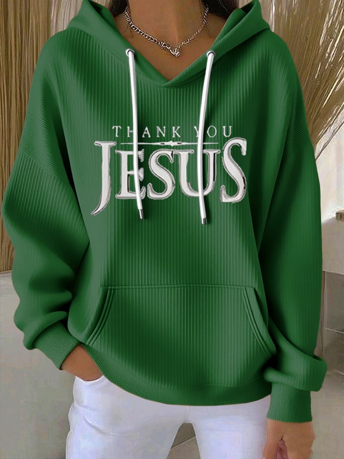 Women's Vintage Faith Thank You Jesus Printed Casual Ribbed Hoodie