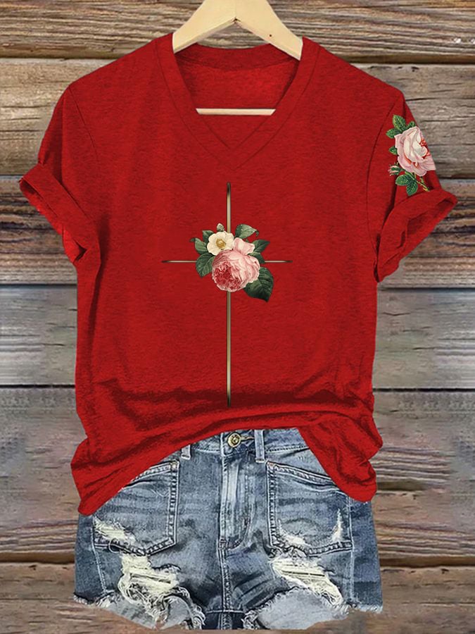 Women's Vintage Floral Metal Cross Print Short Sleeve T-Shirt