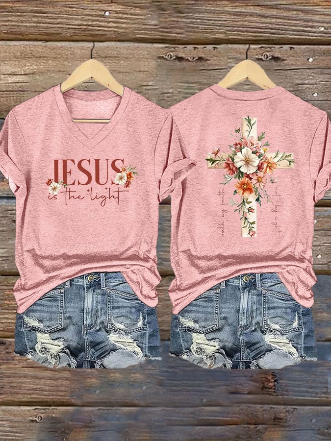 Women's Faith Floral Cross JESUS IN THE LIGHT Printed V-Neck T-Shirt