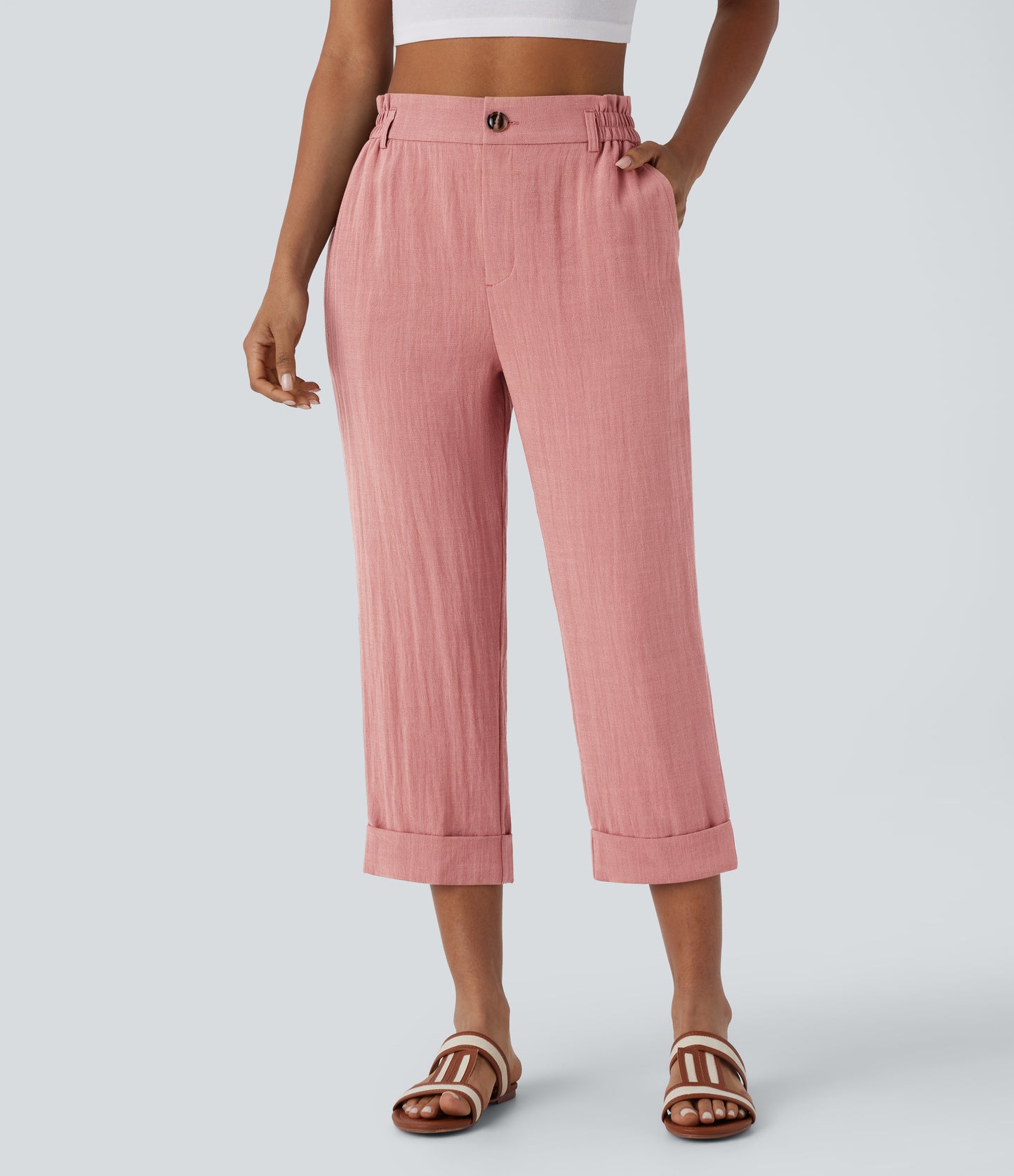 High Waisted Button Zipper Side Pocket Capri Resort Linen-Feel Pants