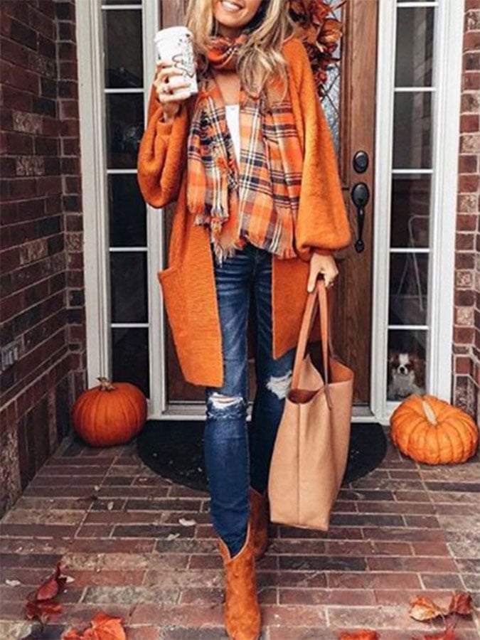 Solid Color Lantern Sleeve Sweater Cardigan