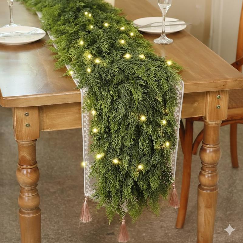 2PCS 6FT Pre-lit Christmas Cedar Garland with  LED Lights Realistic Faux Greenery for Fireplace Table Mantle Wall Indoor Outdoor Winter Holiday Decorations Ornaments