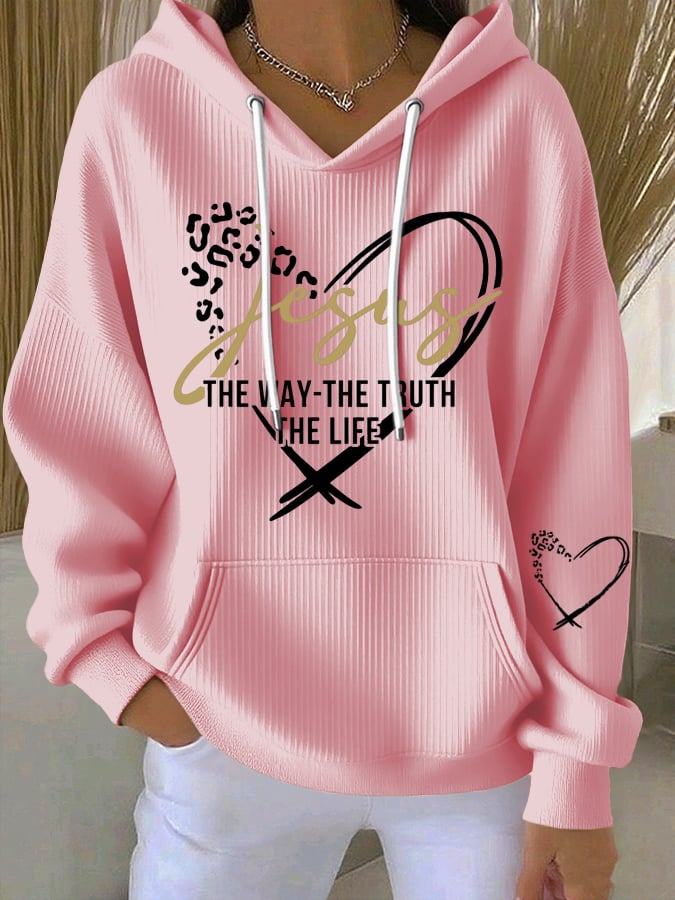 Women's Vintage Faith The Way The Truth The Life Printed Casual Ribbed Hoodie