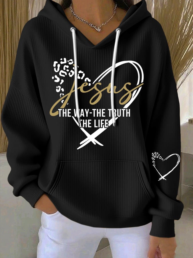 Women's Vintage Faith The Way The Truth The Life Printed Casual Ribbed Hoodie