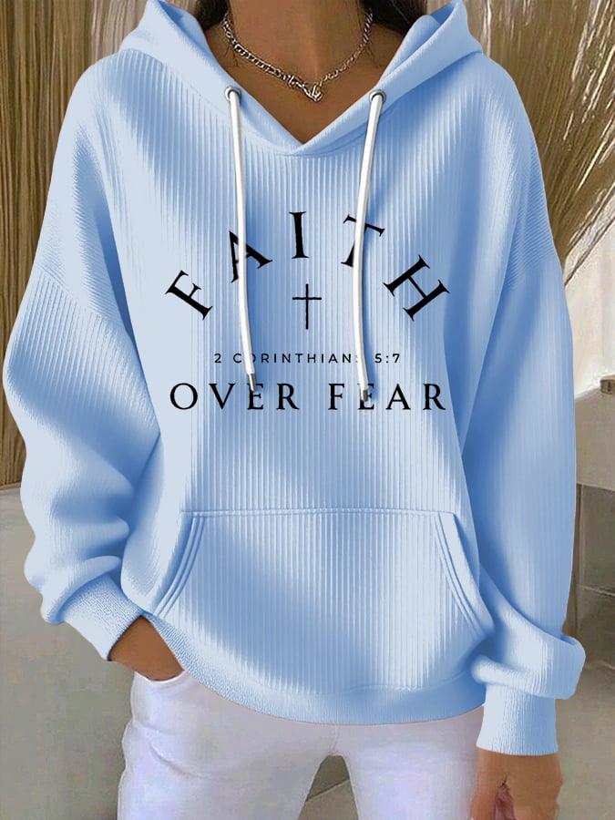 Women's Vintage Faith Faith Over Fear Printed Casual Ribbed Hoodie