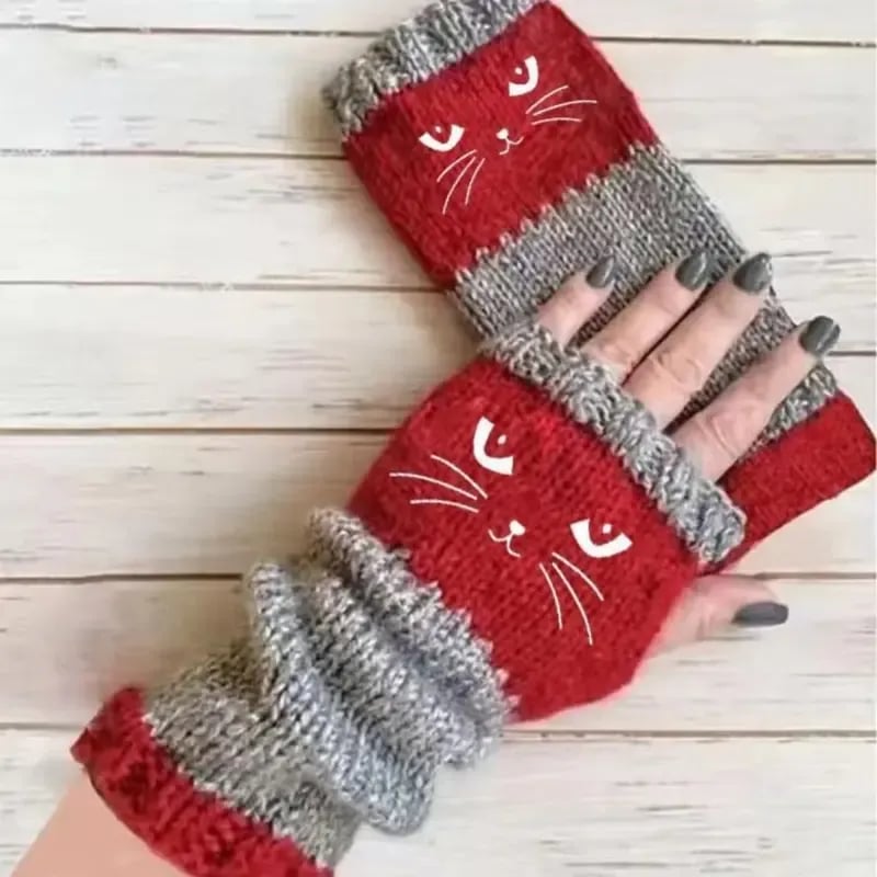 Women’s Knitted Fingerless Gloves with Cute Cat
