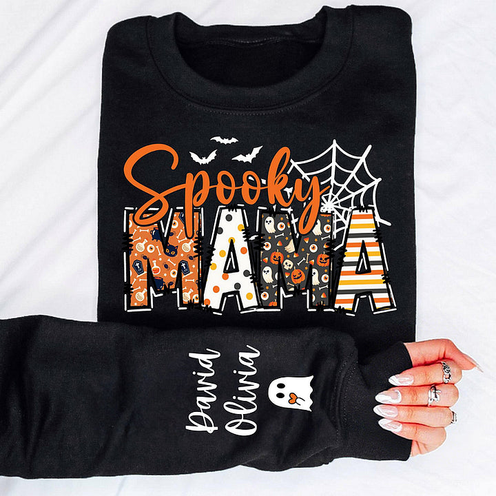 Spooky Mama-Halloween Mama Sweatshirt with Kids Name on Sleeve