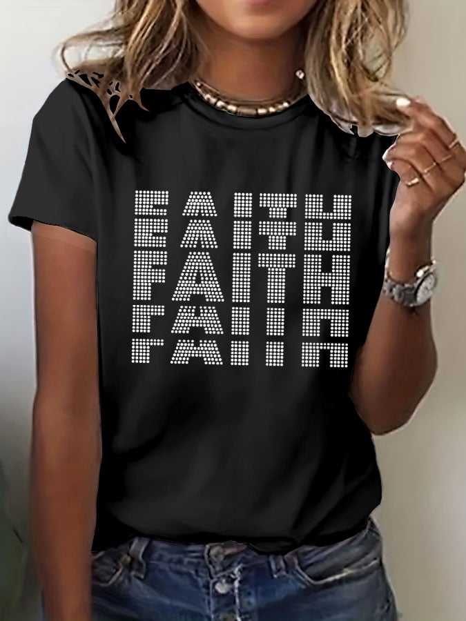 Women's Rhinestone Faith Print Casual T-Shirt