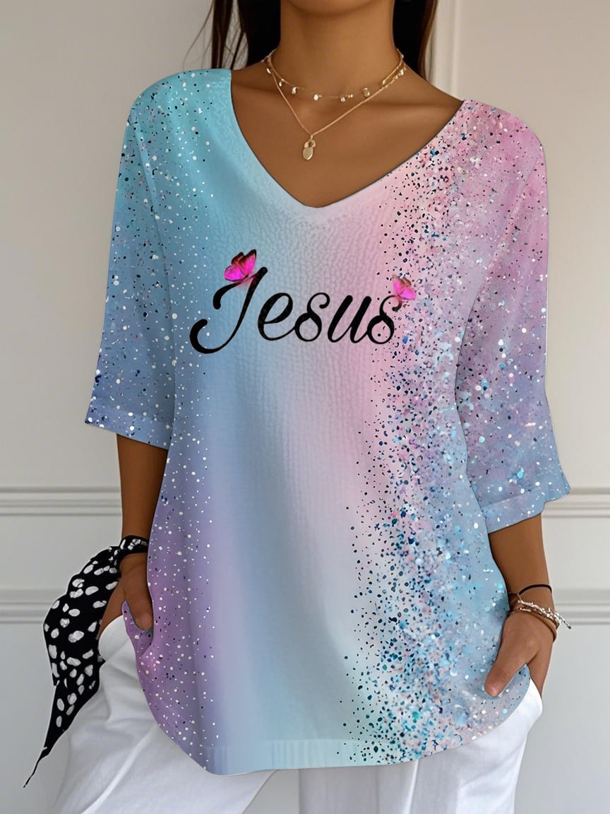 Women's Summer Faith Jesus Slogan Sequin Gradient Print Top