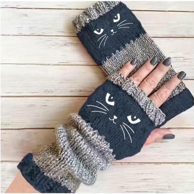 Women’s Knitted Fingerless Gloves with Cute Cat