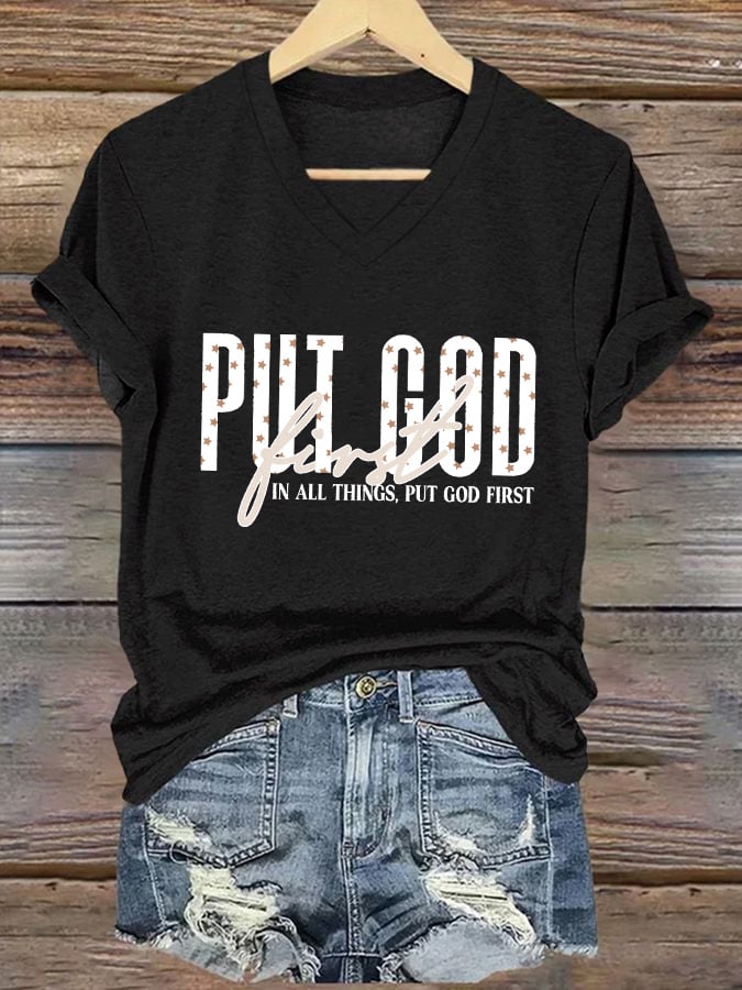 Women's Casual Christian Faith Graphic Print V-Neck Short Sleeve T-Shirt