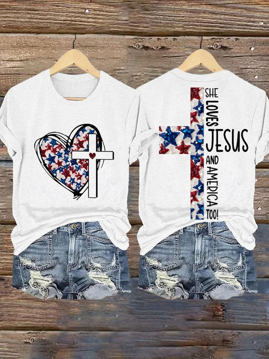 Women's She Jesus And Love America Too!  Print T-shirt