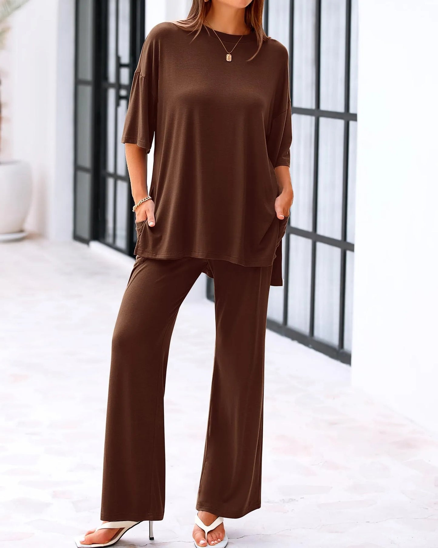 Casual 2-Piece Loose-Fit Short Sleeve Top & Wide-Leg Pants Set with Pockets