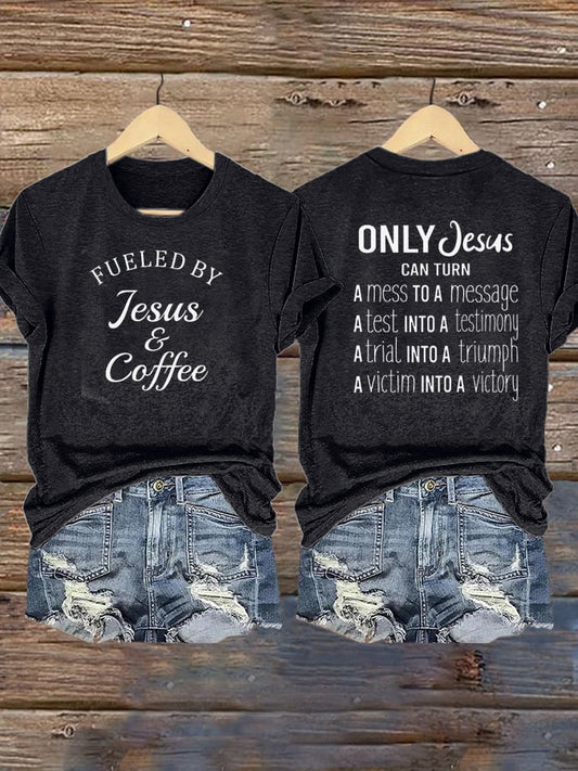 Women's Faith Consciousness God Jesus Coffee Cross V Neck Printed T-shirt Top