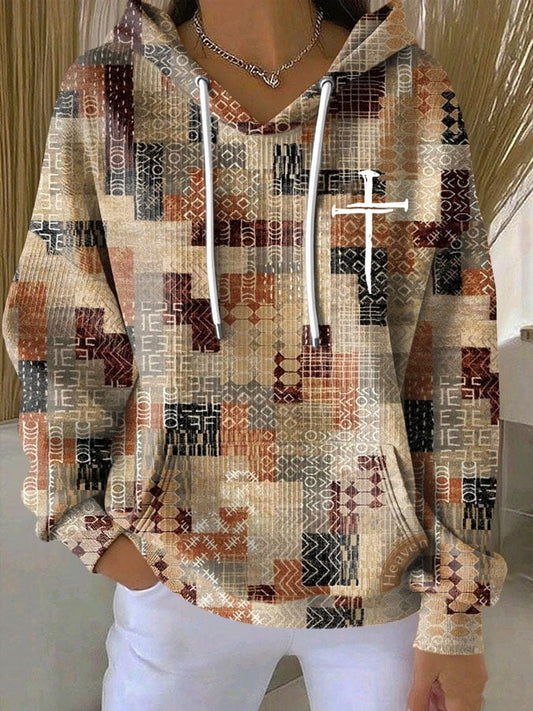 Women's Casual Retro Color Block Contrast Print Faith Texture Hoodie