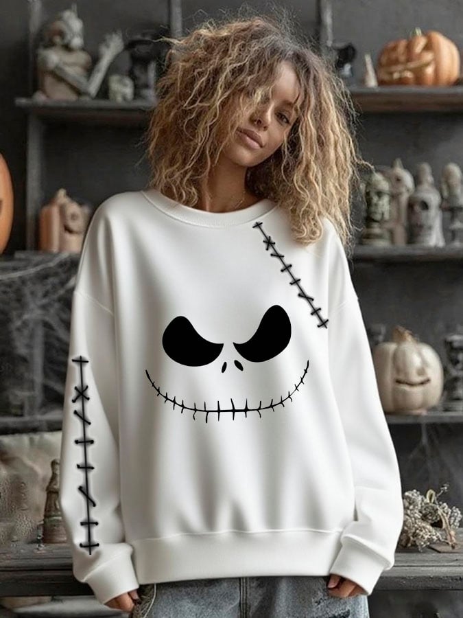 Women's Pumpkin face Halloween Print Sweatshirt