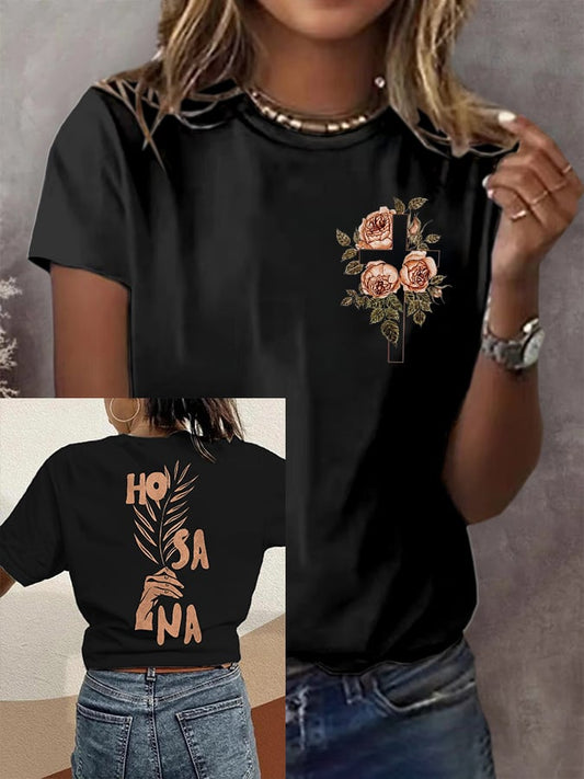 Women's Vintage Hosanna Cross Floral Print Short Sleeve T-Shirt