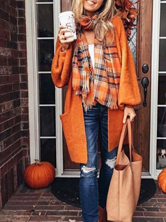 Solid Color Lantern Sleeve Sweater Cardigan