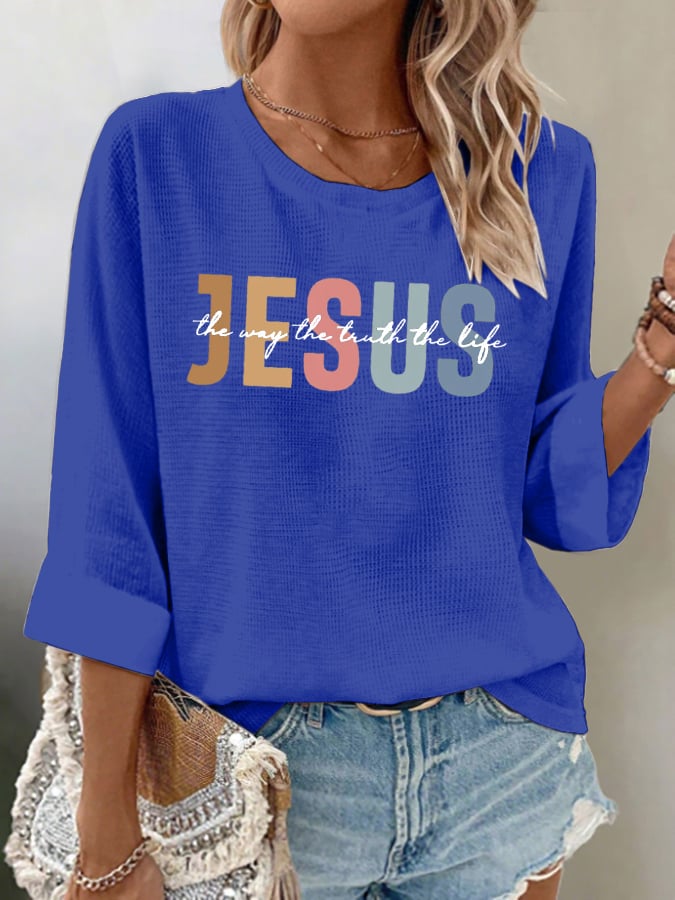 Women's casual Jesus Three Truths waffle long-sleeved T-shirt