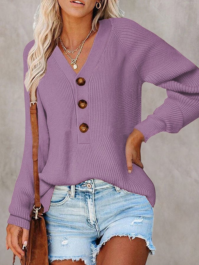Women'S Solid Color Casual V-Neck Pullover Sweater