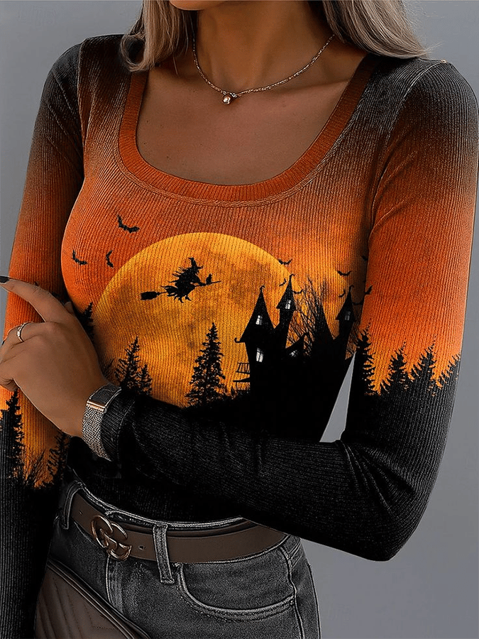 Women's Halloween Design Retro Fashion Classic Long-Sleeved Square Neck Pit Strip Fabric Long-Sleeved T-Shirt