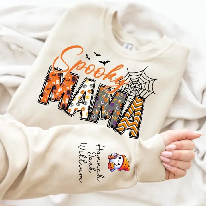 Spooky Mama-Halloween Mama Sweatshirt with Kids Name on Sleeve