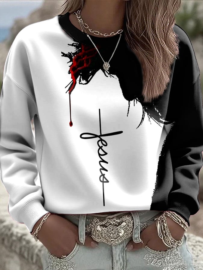 Women's Casual Contrast Color Faith Sweatshirt