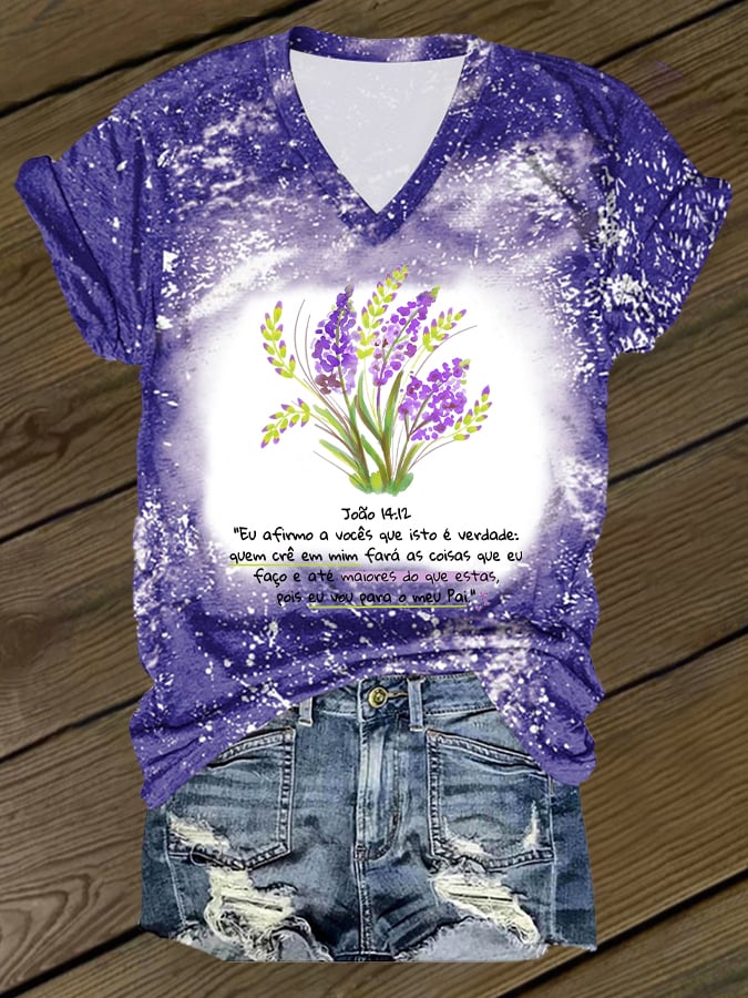 Women's Casual Alzheimer's Lavender John 14:12 Print V-Neck T-Shirt