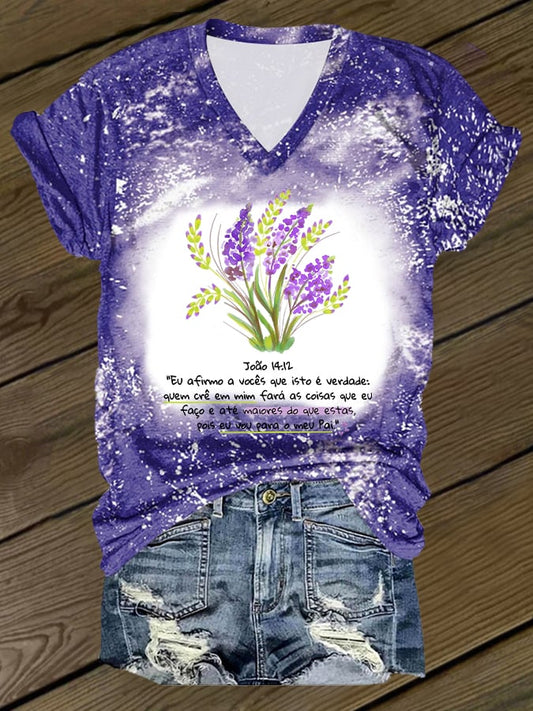Women's Casual Alzheimer's Lavender John 14:12 Print V-Neck T-Shirt