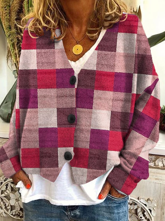 Vintage Check Print Casual Loose Button Flannel Cardigan