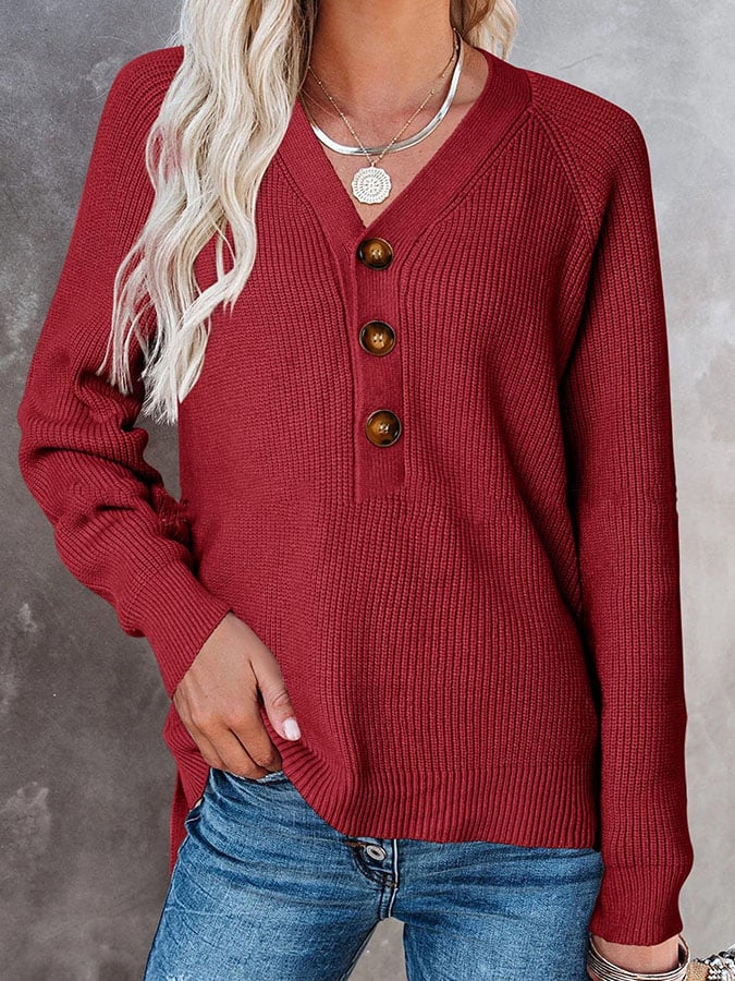 Women'S Solid Color Casual V-Neck Pullover Sweater