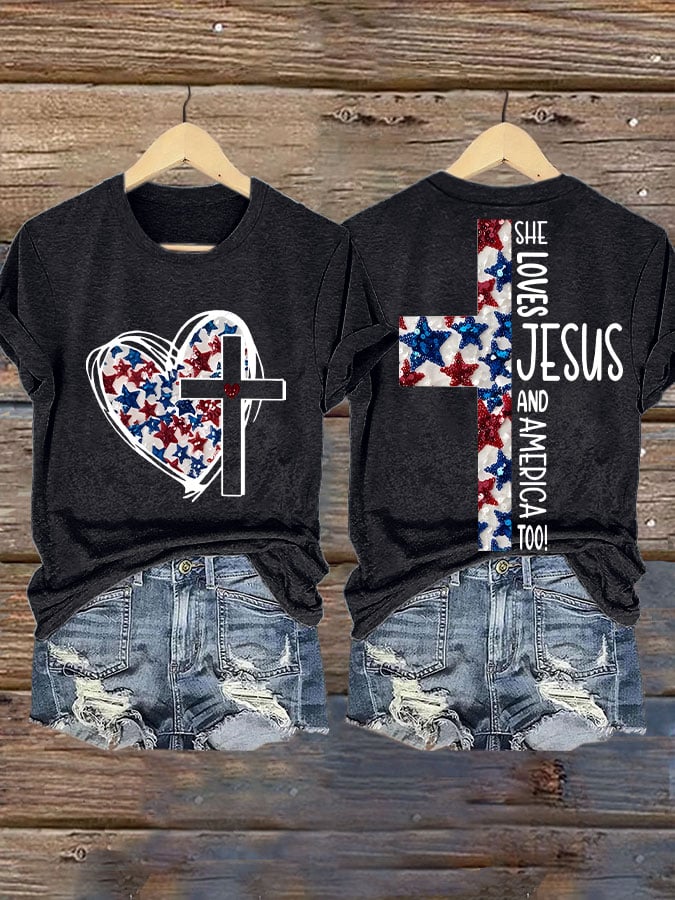 Women's She Jesus And Love America Too!  Print T-shirt