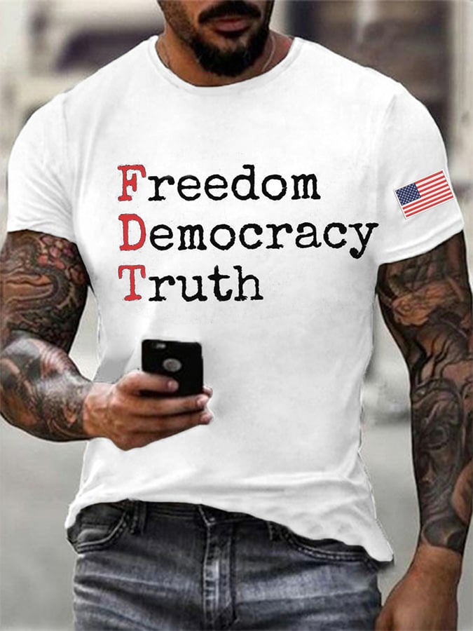 Men's Freedom Democracy Truth Print Round Neck T-Shirt